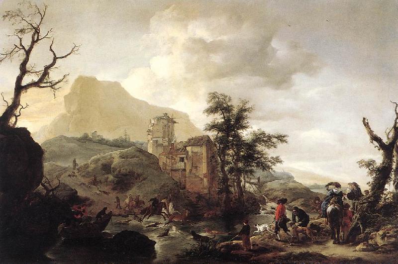 WOUWERMAN, Philips Stag Hunt in a River iut7 Sweden oil painting art